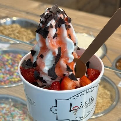 Frozen Yogurt im Loisl's-Becher mit Erdbeeren, Erdbeersoße und Schokoladenstückchen